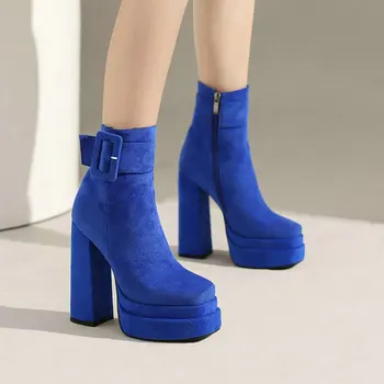 2023 Зимние женские ботильоны на платформе и высоком толстом каблуке, короткие ботинки с квадратным носком из искусственного замша, женские туфли-лодочки