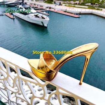 Шлепанцы на платформе с острым носком, слипоны на высоком каблуке-шпильке, золотые модные женские летние туфли, Женские босоножки на высоком каблуке