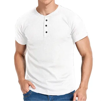 Летняя мужская футболка с воротником Хенли, однотонный повседневный пуловер с коротким рукавом, топы, футболки, мужская уличная одежда 96% полиэстер 4% спандекс