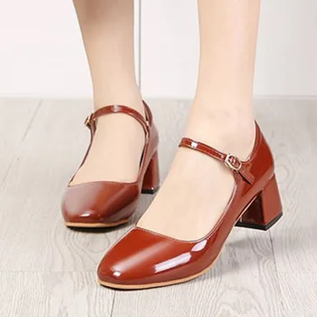 2023 Новые женские модельные туфли Mary Janes на среднем каблуке, туфли-лодочки из лакированной кожи с ремешком на щиколотке, женские туфли на каблуках