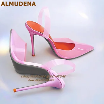 ALMUDENA Прозрачно-Розовый ПВХ С острым носком Туфли на высоком каблуке из атласной ткани Лодочки в стиле пэчворк Элегантные Свадебные туфли с откидывающейся спинкой