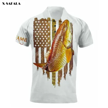 Животное Красная рыба Щенячий барабан, изготовленная на заказ футболка-поло с 3D-принтом американского флага, мужской воротник, уличная одежда с коротким рукавом, летняя одежда
