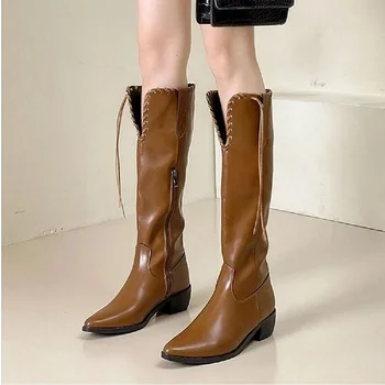 Лакированные кожаные сапоги, осенние женские ковбойские сапоги в западном стиле с острым носком и ботинками до колен, рыцарские сапоги на высоком толстом каблуке в стиле ретро