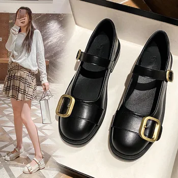 черные/белые кожаные туфли Мэри Джейнс с пряжкой, женские туфли на плоской подошве с квадратным носком и мягкой подошвой, туфли в стиле ретро с ремешком на щиколотке, туфли в стиле 