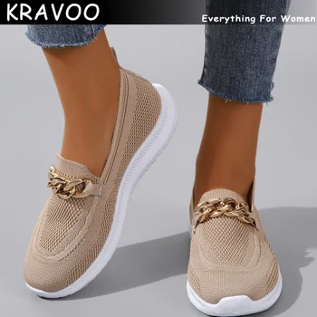 Женская обувь KRAVOO на платформе, женские кроссовки на танкетке, женские кроссовки с дышащей сеткой, металлические лоферы без застежки, спортивная обувь 2023 года выпуска