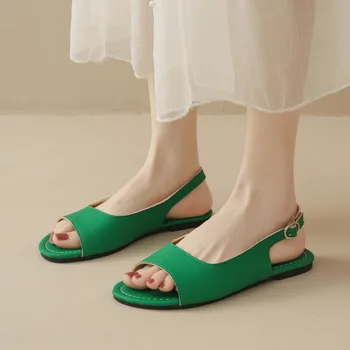 Женские сандалии; Летние однотонные сандалии на плоской подошве; женская повседневная обувь; Простые сандалии с пряжкой; Цвет Черный, зеленый;