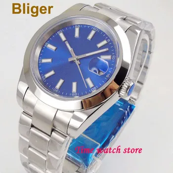 40-миллиметровые мужские наручные часы Bliger с автоматическим управлением, светящийся синий циферблат, сапфировое стекло, дата, полированный безель, матовый корпус из устричного браслета.
