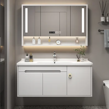Шкаф для ванной комнаты, окрашенный в белый цвет, Современный Минималистичный Умывальник, Керамическая Встроенная Умная комбинация шкафов для умывания лица