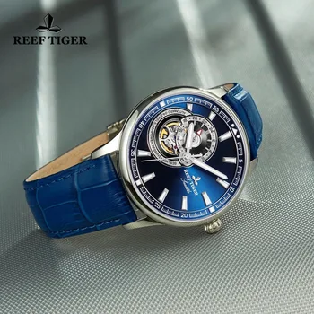 Reef Tiger / RT Лидирующий бренд Бизнес Водонепроницаемые мужские механические часы Ремешок из натуральной кожи Сапфировое стекло Турбийон Автоматические часы