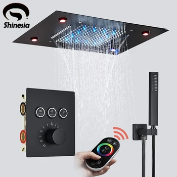 Shinesia Черный Термостат для скрытого душа с дождевой насадкой, светодиодная скрытая душевая система, водопад, Встроенный смеситель для душа, пульт дистанционного управления