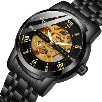 Классические мужские механические часы с золотисто-черным скелетом, модный бриллиантовый циферблат, Роскошный ремешок из нержавеющей стали, автоматические часы