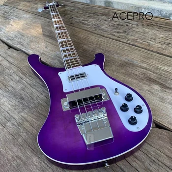 Прозрачная фиолетовая 4-струнная электрическая бас-гитара, корпус из липы, кленовый гриф, белая накладка, высокое качество, Бесплатная доставка