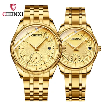 Часы Chenxi 069A Gold Couple с календарем, кварцевые для мужчин и женщин, мужские часы Relojes Mujer