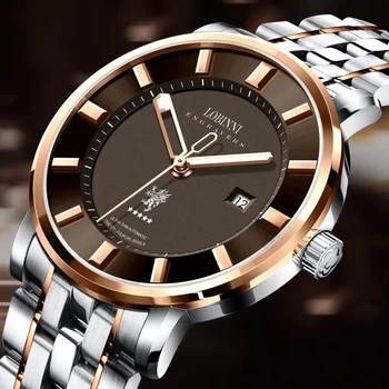 LOBINNI / Новые роскошные двухцветные часы из розового золота с коричневым циферблатом с датой, водонепроницаемые мужские механические часы с автоматическим управлением