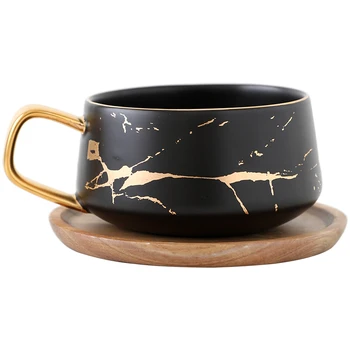 Xícaras de café de chá e café de mármore fosco, 300ml, com pires de madeira, preto e branco, dourado, incrustação de cerâmica