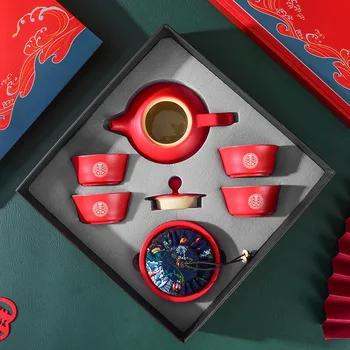 Китайский Свадебный Красный Набор Чайной посуды Керамический Чайный Сервиз Чай Кунг-фу Фарфоровая Чашка Гайвань Креативная Чайная Церемония