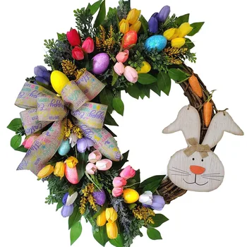 Счастливый Пасхальный венок в деревенском стиле Кролик Тюльпан Венок из ротанга с бантом для украшения входной двери