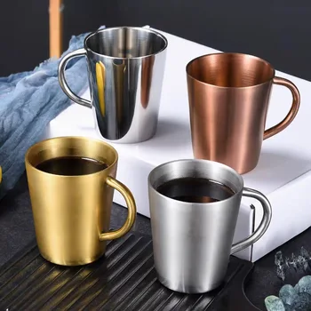 Простая чашка для воды из нержавеющей стали, защищающая от падения, пиво, чай, кофе, двухслойная кружка с ручкой, товары для дома