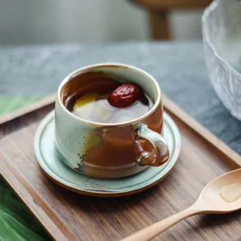 Креативная керамическая кофейная чашка и блюдце ручной работы, чашка для обжига в европейском стиле, кофейная чашка и блюдце для капучино в стиле ретро