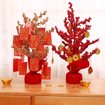 Китайский Новогодний орнамент Дерева удачи, креативная искусственная ваза с красными фруктами, украшение денежного дерева в китайском стиле, декор для домашнего стола