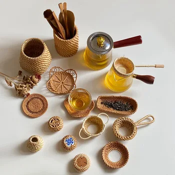 Плетеный чехол Akita, чайная стеклянная подушка, Аксессуары для чайной дорожки, Офисный ящик для хранения, ручка с круглой вставкой из цельного дерева