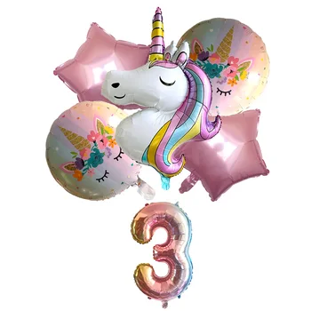 6шт Радужных воздушных шаров с единорогом, 32-дюймовые воздушные шары из фольги с цифрами, 1-я детская тема Единорога, украшения для дня рождения, Глобусы для душа ребенка