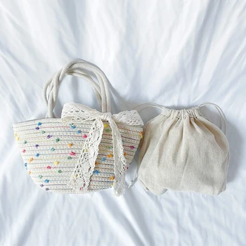 2022 новая повседневная плетеная сумочка с милым красочным рисунком в горошек и лоскутным бантом, маленькая легкая сумка-тоут Daily Wild с внутренней сумкой