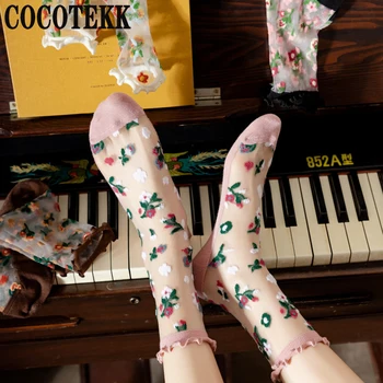 Модные Японские Корейские жаккардовые женские носки, Летний Прохладный Креативный Цветочный Прозрачный шелк, Трендовый принт, Ультратонкие Стеклянные шелковые носки