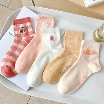 Весенне-летние тонкие носки, короткие носки-трубочки для девочек, Детские милые носки с вышивкой из черешни, Розовые женские носки