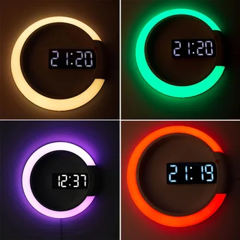 Цифровые настенные часы со светодиодной подсветкой, 7 цветов, регулируемая яркость, затемнение, Выдолбленные электронные часы для декора гостиной и спальни