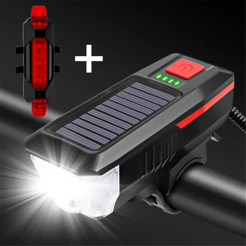 Велосипедная фара 2 в 1, солнечная USB-перезаряжаемая велосипедная фара с клаксоном T6 LED, водонепроницаемая передняя лампа, фонарик, Велосипедное снаряжение