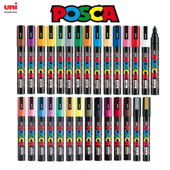Японский набор фломастеров Uni Posca Paint, PC-1M, PC-3M, PC-5M, PC-8K, PC-17K, Набор цветов 7 8 12 15 21 24 28 29, Нетоксичные, на водной основе