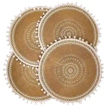 Круглые салфетки 4, тканые настольные коврики в стиле бохо с помпоном для декора кухонного стола в столовой (белый шар)
